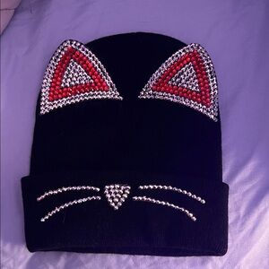 Black Beanie with Rhinestone Cat Ears